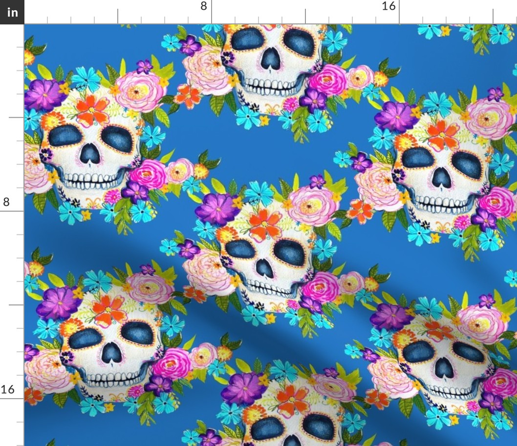 Dia De Los Muertos Floral Sugar Skull Painting // Dark Sky Blue