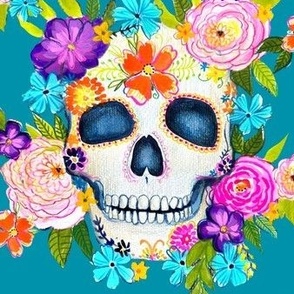 Dia De Los Muertos Floral Sugar Skull Painting // Island Teal