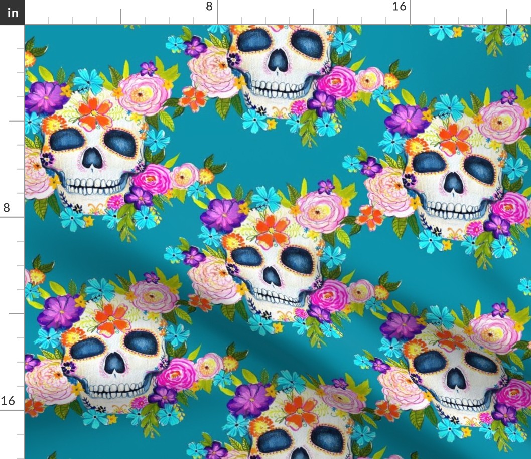Dia De Los Muertos Floral Sugar Skull Painting // Island Teal