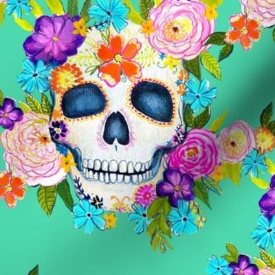 Dia De Los Muertos Floral Sugar Skull Painting // Aqua