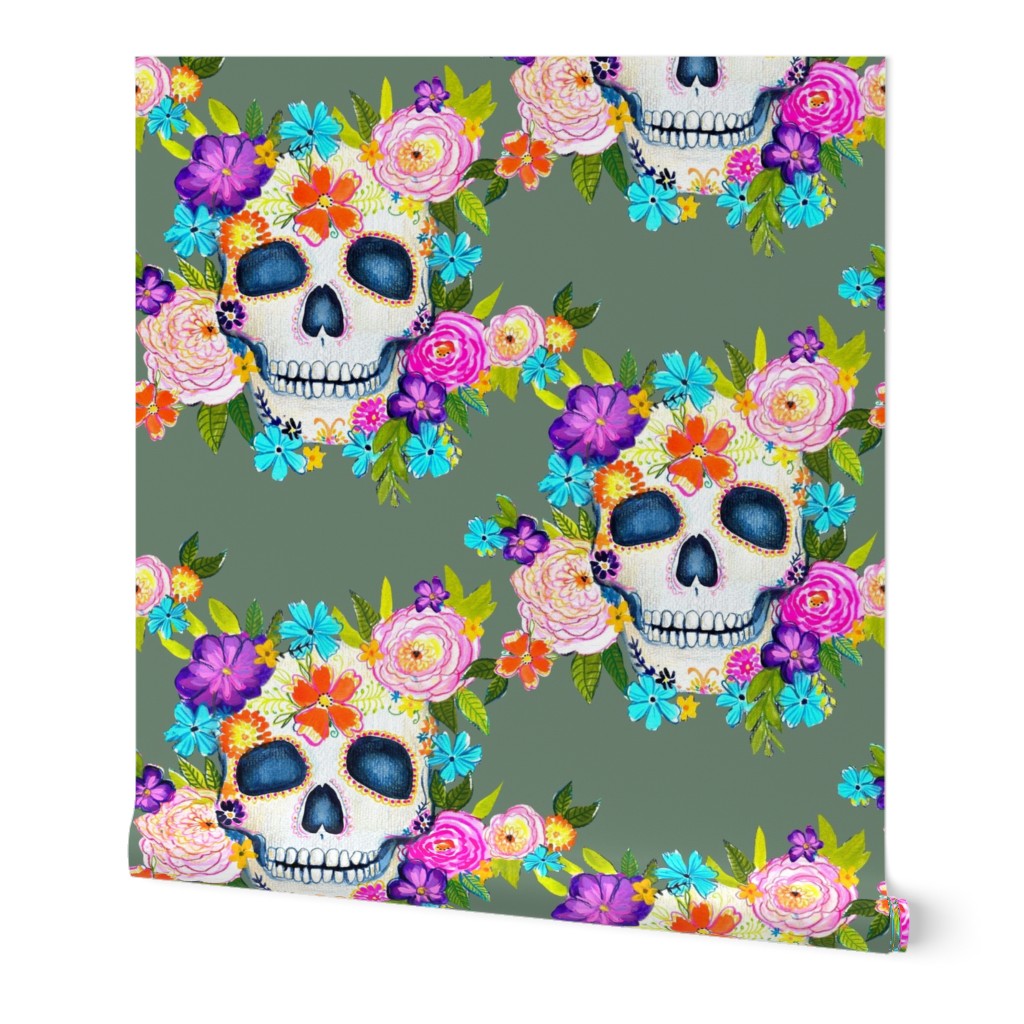 Dia De Los Muertos Floral Sugar Skull Painting // Boho Sage