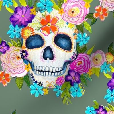 Dia De Los Muertos Floral Sugar Skull Painting // Boho Sage