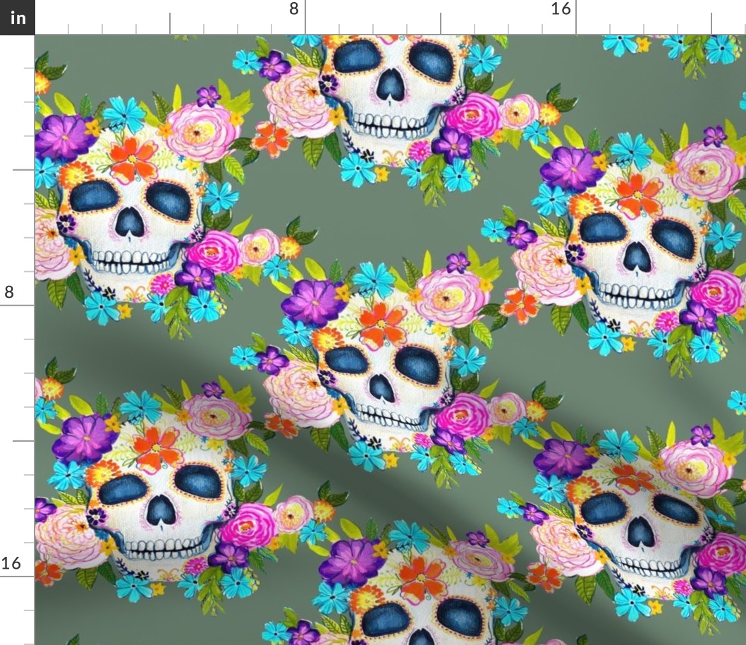 Dia De Los Muertos Floral Sugar Skull Painting // Boho Sage