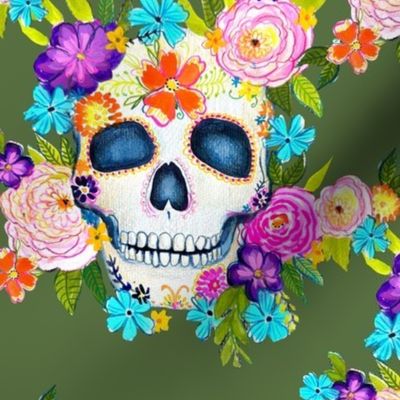 Dia De Los Muertos Floral Sugar Skull Painting // Greenery 
