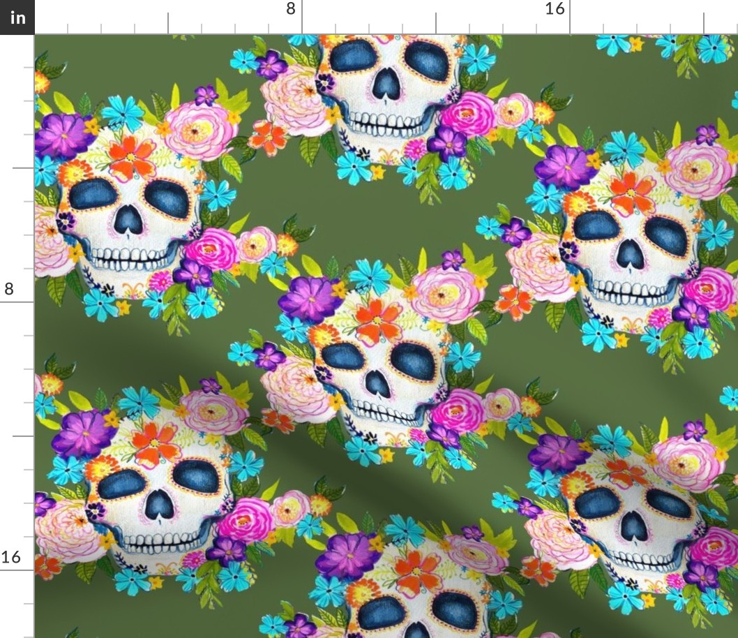 Dia De Los Muertos Floral Sugar Skull Painting // Greenery 