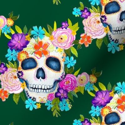 Dia De Los Muertos Floral Sugar Skull Painting // Deep Forest