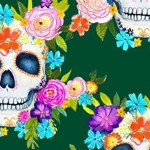 Dia De Los Muertos Floral Sugar Skull Painting // Deep Forest