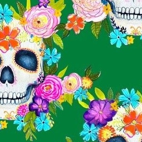 Dia De Los Muertos Floral Sugar Skull Painting // Kelly Green