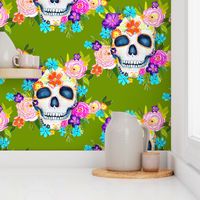 Dia De Los Muertos Floral Sugar Skull Painting // Apple Green