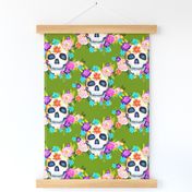 Dia De Los Muertos Floral Sugar Skull Painting // Apple Green