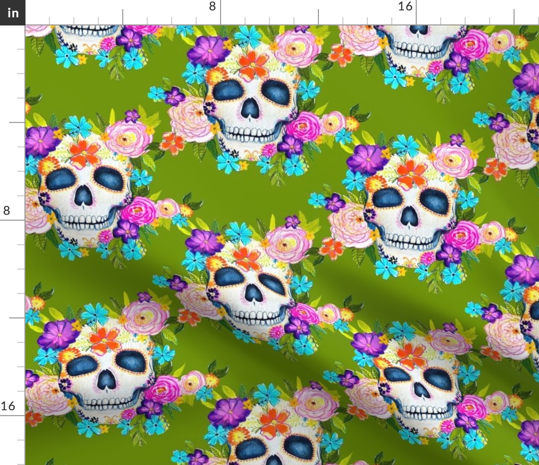 Dia De Los Muertos Floral Sugar Skull Painting // Apple Green