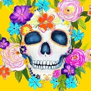 Dia De Los Muertos Floral Sugar Skull Painting // Summer Yellow