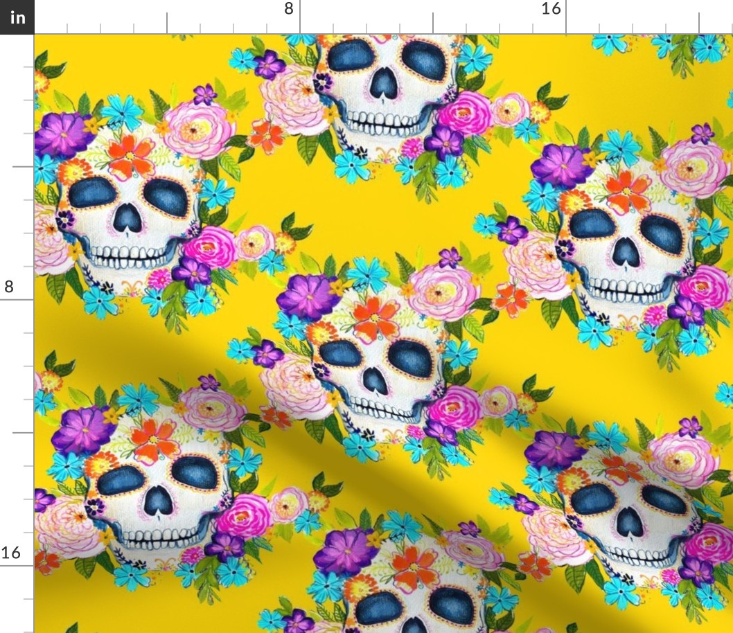Dia De Los Muertos Floral Sugar Skull Painting // Summer Yellow