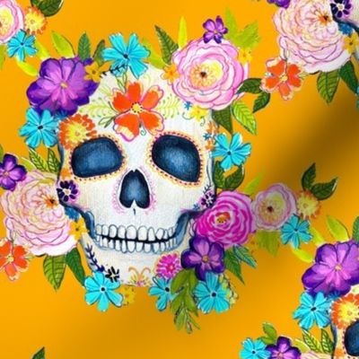 Dia De Los Muertos Floral Sugar Skull Painting // Tangerine