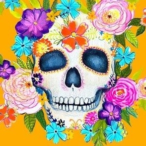 Dia De Los Muertos Floral Sugar Skull Painting // Tangerine