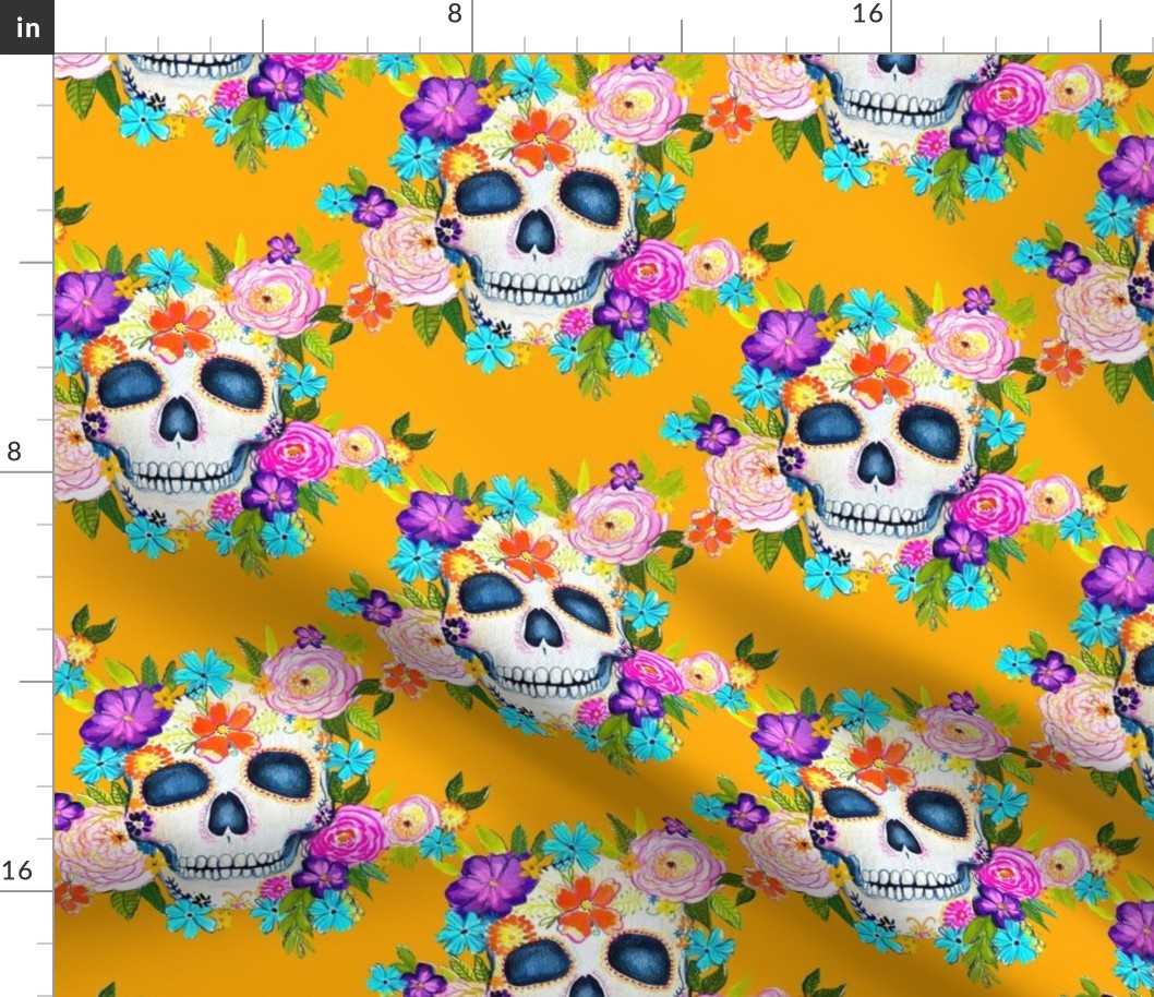 Dia De Los Muertos Floral Sugar Skull Painting // Tangerine