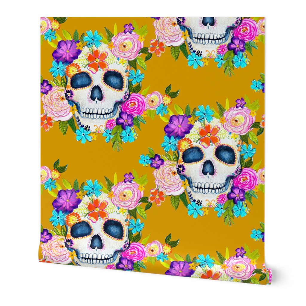 Dia De Los Muertos Floral Sugar Skull Painting // Mustard