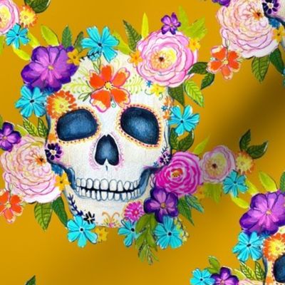 Dia De Los Muertos Floral Sugar Skull Painting // Mustard