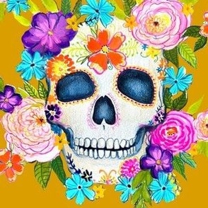 Dia De Los Muertos Floral Sugar Skull Painting // Mustard