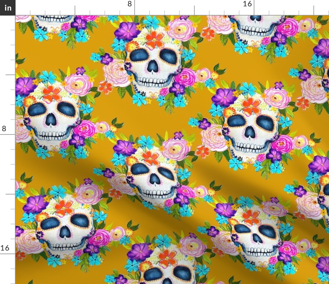 Dia De Los Muertos Floral Sugar Skull Painting // Mustard
