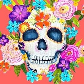 Dia De Los Muertos Floral Sugar Skull Painting // Living Coral 