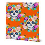 Dia De Los Muertos Floral Sugar Skull Painting // Orange