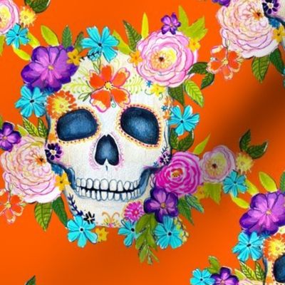 Dia De Los Muertos Floral Sugar Skull Painting // Orange