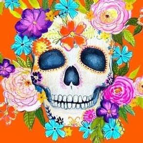 Dia De Los Muertos Floral Sugar Skull Painting // Orange