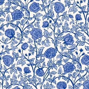 [Wallpaper] Chinoiserie Blue Porcelain Rose Vine, vintage and classic hand drawn blue floral in ceramic style, artistic and charming rose vines , maximalist