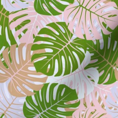 Monstera Leaves - Pink and Green Tropical Plants / Medium