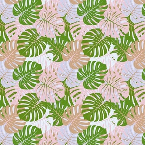 Monstera Leaves - Pink and Green Tropical Plants / Medium