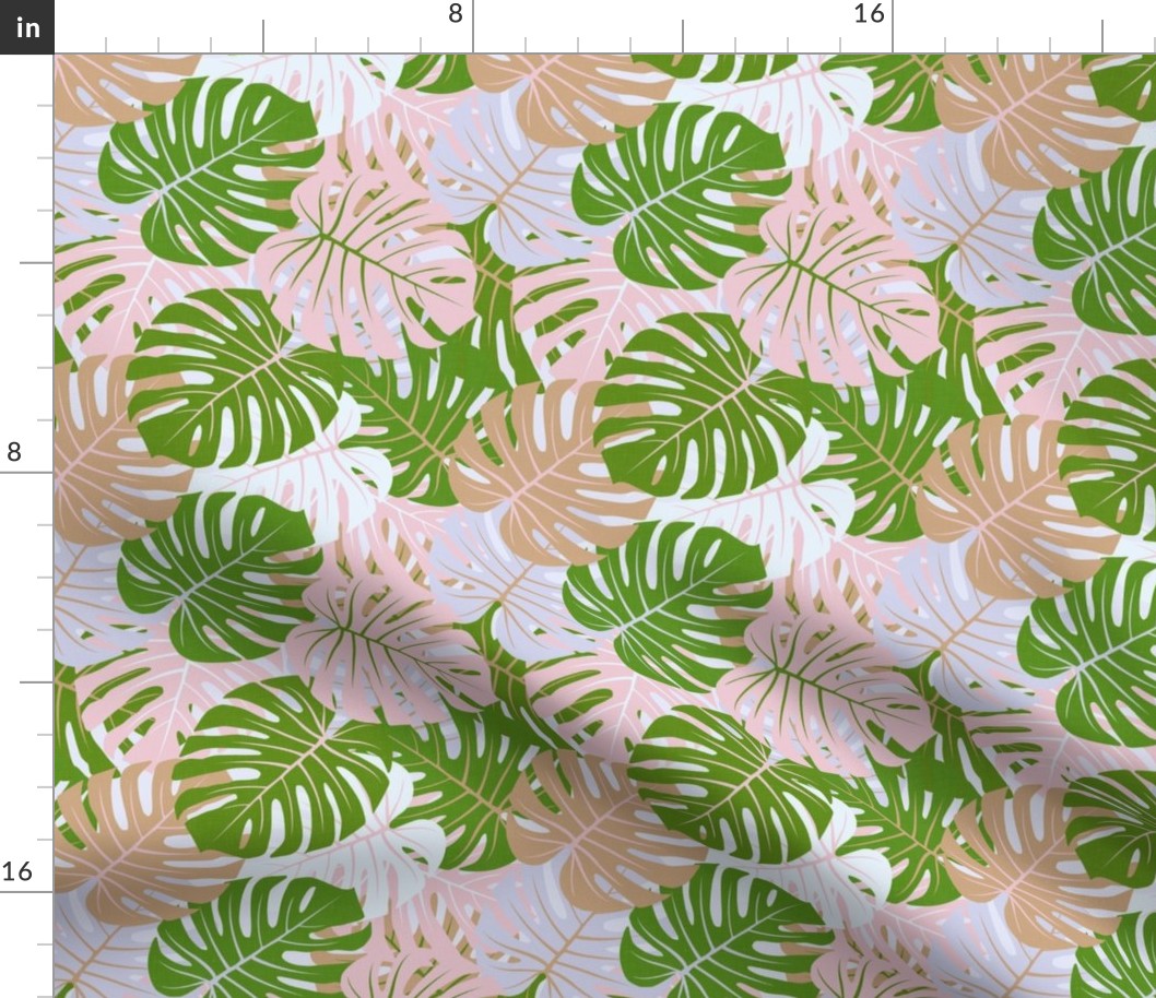 Monstera Leaves - Pink and Green Tropical Plants / Medium