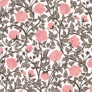 [Wallpaper] Delicate charm rose vines and pink and taupe, vintage and classic hand drawn romantic floral, artistic and charming roses, whimsical floral