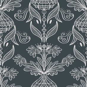 Chalk and Navy Blue Floral Damask Sketch- Large (Bedding and Wallpaper)