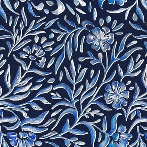 Navy Paisley Floral - Hand Painted Pattern - Watercolor Pattern - Block Print - Botanical Pattern - Romantic Flowers