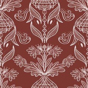Chalk and Crimson Floral Damask Sketch- Medium (Bedding and Wallpaper)