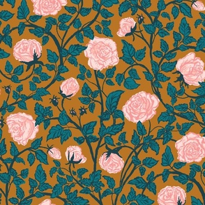 [Wallpaper] Vintage Rose Vine Fabric - Brown Background with Pink Floral and Turquoise Leaves, Boho chic style, maximalist