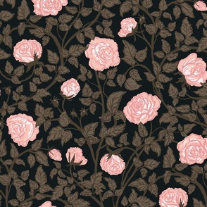 [Wallpaper] Dedicated charm rose vines and pink and taupe, vintage and classic hand drawn romantic floral, artistic and charming roses, whimsical floral, dark and moody