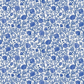 {Medium] Chinoiserie Blue Porcelain Rose Vine, vintage and classic hand drawn blue floral in ceramic style, artistic and charming rose vines 