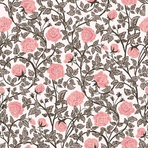 [Medium] Delicate charm rose vines and pink and taupe, vintage and classic hand drawn romantic floral, artistic and charming roses, whimsical floral