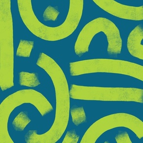 abstract brush strokes - bold lime green on peacock blue rustic - brush stroke wallpaper and fabric