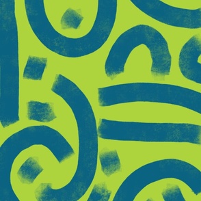 abstract brush strokes - bold peacock blue on lime green rustic - brush stroke wallpaper and fabric