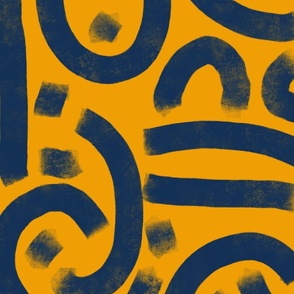 abstract brush strokes - bold indigo blue on marigold orange rustic - brush stroke wallpaper and fabric