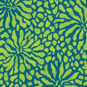abstract boho garden - lime green on peacock blue - abstract vibrant botanical wallpaper