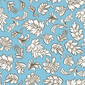 Stylized Blooms in Retro Tapestry Style on Blue Linen Background, Vintage Vibes Mid Century Modern 50-s 60-s Fashion Floral Print 