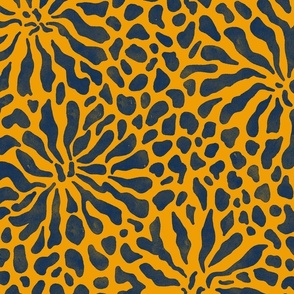 abstract boho garden - indigo blue on marigold orange - abstract vibrant botanical wallpaper