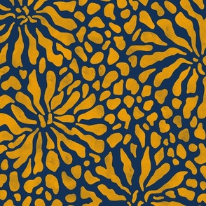 abstract boho garden - marigold orange on indigo blue - abstract vibrant botanical wallpaper