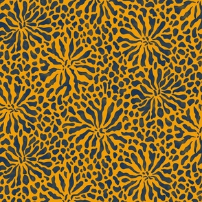 abstract boho garden small - indigo blue on marigold orange - abstract vibrant botanical wallpaper