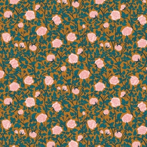 [Medium] Delicate charm Vintage Rose Vine Fabric - Brown Background with Pink Floral and Turquoise Leaves, Boho chic style,  Bohemian style