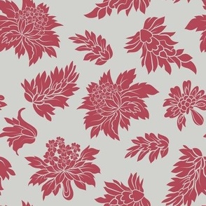 Stylized Red Blooms in Retro Tapestry Style on Gray Linen Background, Vintage Vibes Mid Century Modern 50-s 60-s Fashion Floral Print 